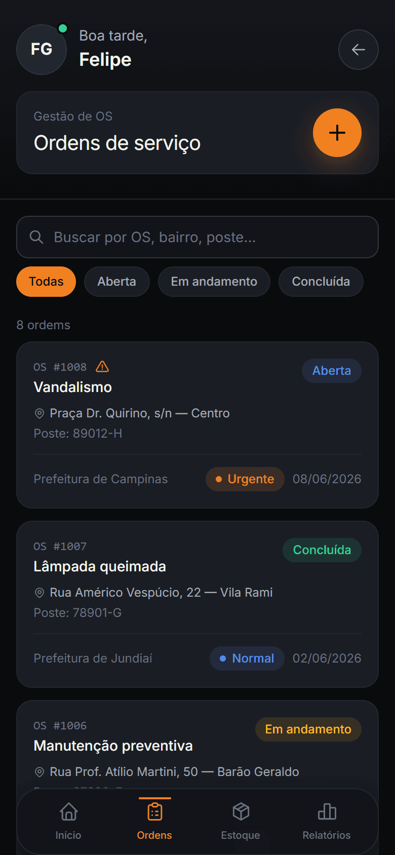 Tela Ordens de serviço do Mkorp Control