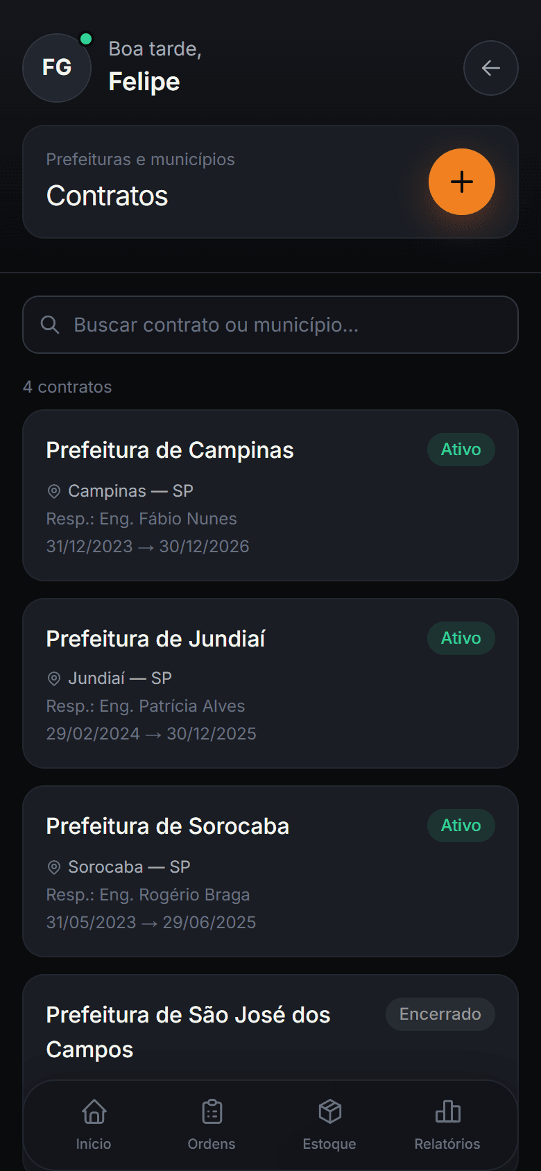 Tela Contratos do Mkorp Control