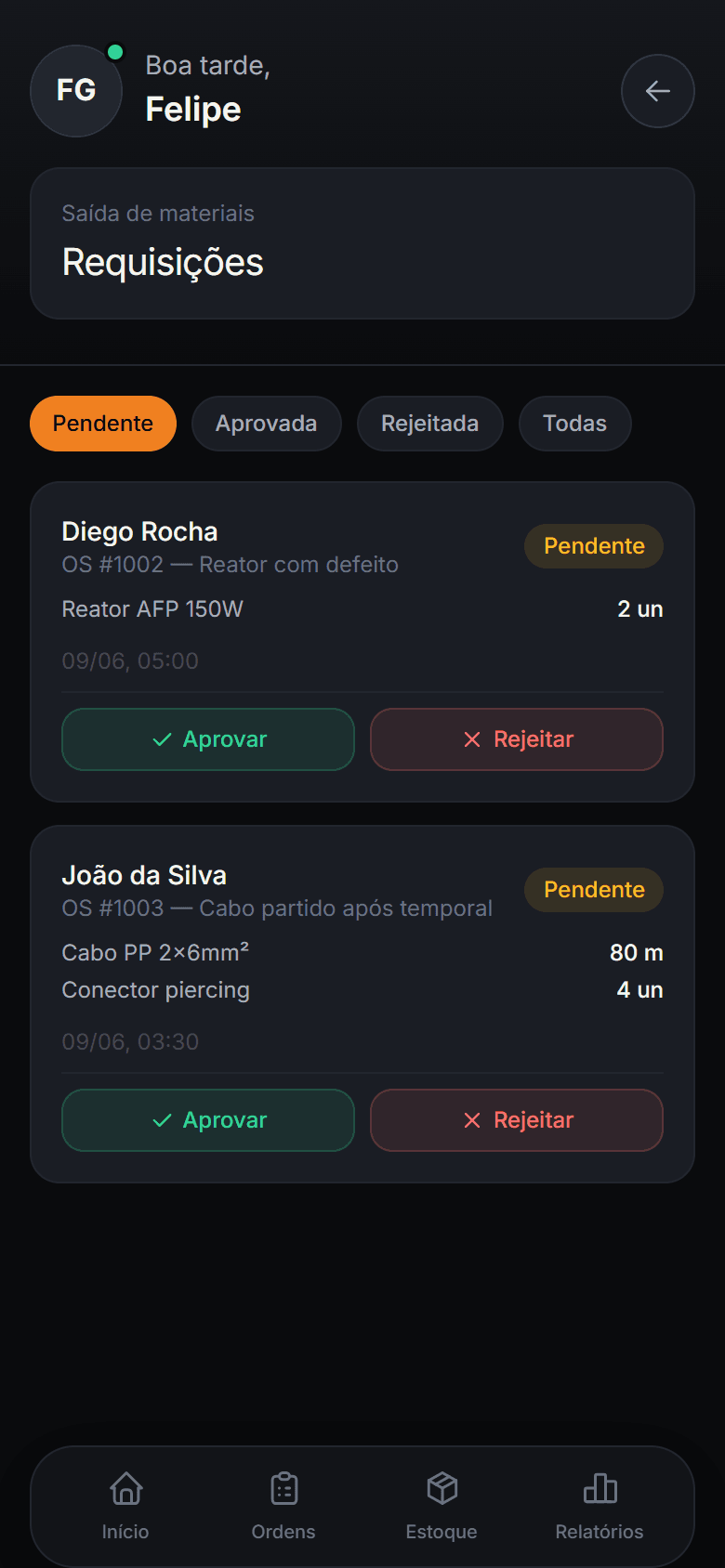 Tela Requisições do Mkorp Control