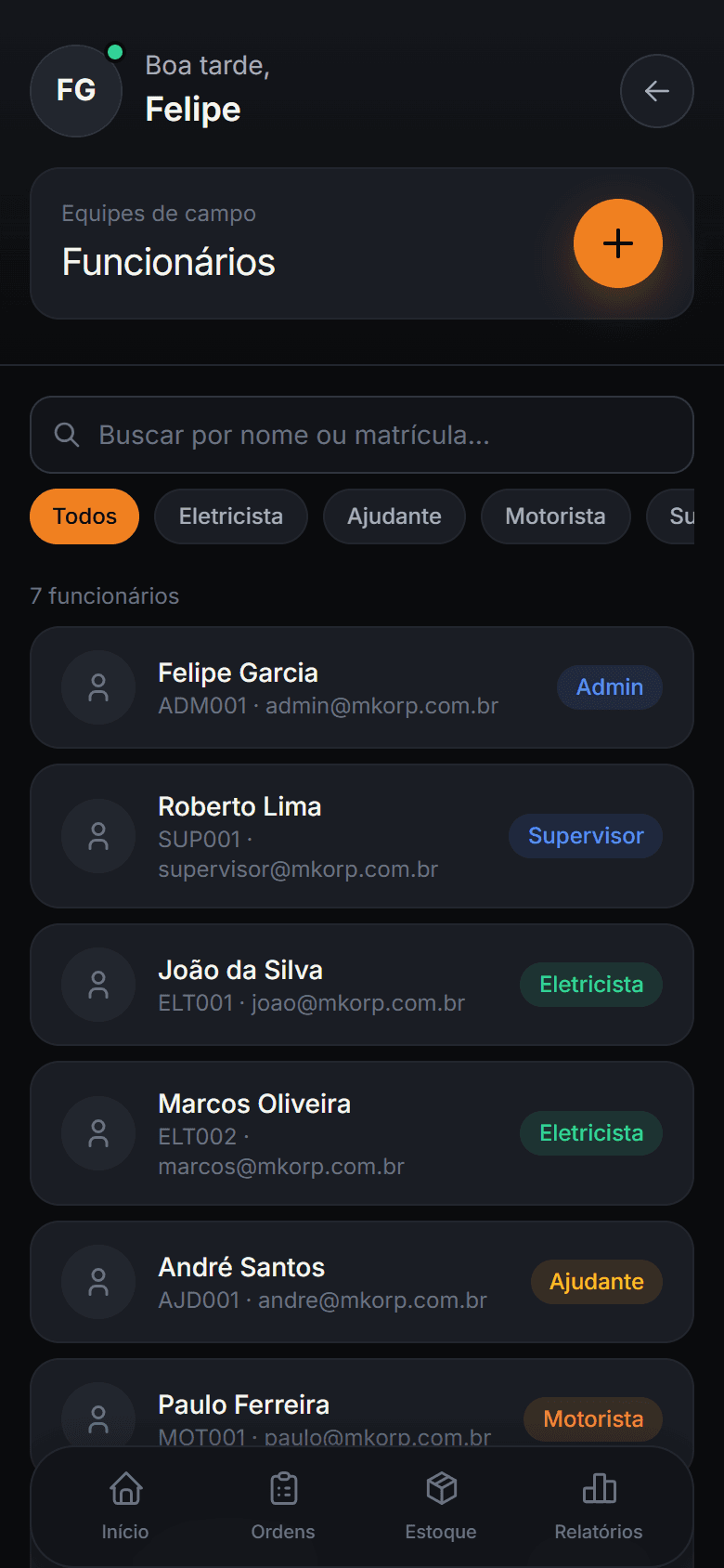 Tela Funcionários do Mkorp Control
